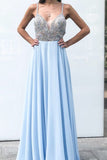 Open Back Sexy Blue Chiffon Cheap A-Line Beads Sleeveless Spaghetti Straps Prom Dresses RJS942