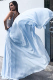 Open Back Sexy Blue Chiffon Cheap A-Line Beads Sleeveless Spaghetti Straps Prom Dresses RJS942 Rjerdress