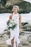 Open Back Sleeveless Lace Halter Mermaid Slit Beach Wedding Dress White Bridals Dress