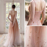 Open Back Spaghetti Straps Prom Dresses Ombre Tulle V Neck Pink Beauty Prom Gowns Rjerdress
