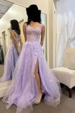 Open Back Tulle Prom Dresses Straps Floor Length Lace Bodice With Applique