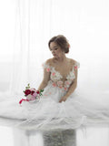 Open Back Wedding Dresses A Line 3D Flowers Appliques Floral Bridal Gown Rjerdress