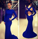 Open Back White Prom Dresses With Long Sleeves Tight Backless Royal Blue Prom Gown RJS153 Rjerdress