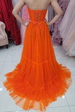 Orange Tulle Strapless Handmade Prom Dress Long Evening dress Rjerdress