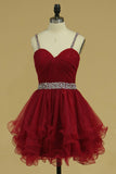 Organza Hoco Dresses Spaghetti Straps With Ruffles And Beads