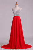 Party Dress V-Neck A-Line Beaded Tulle Bodice Sweep Train Chiffon