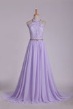 Party Dresses A Line Halter Chiffon & Lace With Beading Sweep Train Open Back Rjerdress