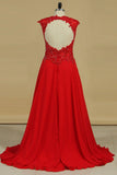 Party Dresses A Line Scoop Chiffon Sweep Train With Slit And Applique Open Back Rjerdress
