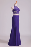 Party Dresses Halter Two-Piece Beaded Bodice Mermaid Open Back Spandex & Tulle Floor Length Rjerdress