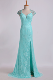 Party Dresses Lace Sheath/Column Beaded Tulle Back Floor-Length With Slit