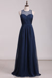 Party Dresses Scoop Chiffon With Ruffles A Line Dark Navy Floor Length Rjerdress