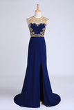 Party Dresses Scoop Neckline Column Beaded Bodice With Court Train & Slit Rjerdress