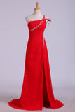 Party Dresses Sheath Split Front Floor Length One Shoulder Color Red