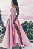Pearl Pink Elastic Satin A-Line Spaghetti Straps Side Slit Prom Dress with Appliques RJS650 Rjerdress
