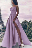 Pearl Pink Elastic Satin A-Line Spaghetti Straps Side Slit Prom Dress with Appliques RJS650 Rjerdress