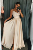 Pearl Pink Elastic Satin A-Line Spaghetti Straps Side Slit Prom Dress with Appliques RJS650