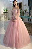 Pearl Pink Long Sleeve Ball Gown Off the Shoulder Tulle Long Floral Fairy Prom Dresses Rjerdress