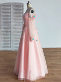 Pearl Pink Long Sleeve Ball Gown Off the Shoulder Tulle Long Floral Fairy Prom Dresses Rjerdress