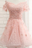 Pearl Pink Off the Shoulder Short Sleeves Lace Beading Appliques Short Homecoming Dresses H1153 Rjerdress