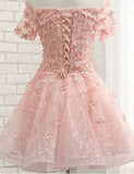 Pearl Pink Off the Shoulder Short Sleeves Lace Beading Appliques Short Homecoming Dresses H1153 Rjerdress