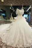 Perfect Scoop Neck Mid-Length Sleeve Bridal Dresses A Line With Beading Two-Meter Royal Train