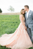 Pink A Line Deep V Neck Lace Sleeveless Prom Dresses Long With Applique & Pearls Rjerdress