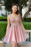 Pink A-Line Open Back V Neck Beads Homecoming Dress For Teens RJS333