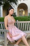 Pink A-Line Open Back V Neck Beads Homecoming Dress For Teens RJS333 Rjerdress