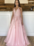 Pink A Line V Neck Prom Dresses Tulle Straps With Applique