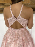 Pink A Line V Neck Prom Dresses Tulle Straps With Applique Rjerdress