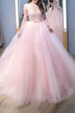 Pink Ball Gown Jewel Long Sleeves Sweep/Brush Train Lace Tulle Quinceanera Dresses Rjerdress