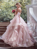 Pink Ball Gown Sweetheart Tulle Wedding Dresses Strapless Wedding Gowns Rjerdress