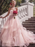 Pink Ball Gown Sweetheart Tulle Wedding Dresses Strapless Wedding Gowns