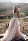 Pink Beads A Line V- Neck Sexy Tulle Long Sleeveless Beach Wedding Dresses Prom Dresses UK RJS502