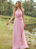 Pink Bridesmaid Dresses A Line Halter Chiffon With Ruffles Floor Length