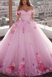 Pink Cathedral Off the Shoulder Ball Gown Vintage 3D Flower Applique Wedding Dresses Rjerdress