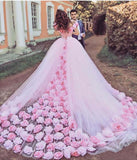 Pink Cathedral Off the Shoulder Ball Gown Vintage 3D Flower Applique Wedding Dresses Rjerdress