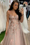 Pink Charming Long Prom Dress Backless Spaghetti Straps Appliques Evening Dress Rjerdress