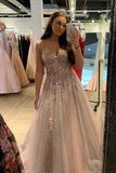 Pink Charming Long Prom Dress Backless Spaghetti Straps Appliques Evening Dress