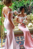 Pink Chiffon Lace Off-Shoulder Long Bridesmaid Dresses