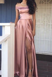Pink Elegant A-Line Cheap Off the Shoulder Long Slit Prom Dresses RJS146