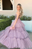 Pink Layers Prom Dresses Long A Line Beaded Evening Dress Tiered Strapless Tulle Evening Dress Rjerdress