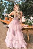 Pink Layers Prom Dresses Long A Line Beaded Evening Dress Tiered Strapless Tulle Evening Dress Rjerdress