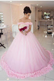 Pink Long Sleeveless Flowers Off the Shoulder Lace up Tulle Ball Gown Wedding Dresses UK RJS369