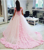 Pink Long Sleeveless Flowers Off the Shoulder Lace up Tulle Ball Gown Wedding Dresses UK RJS369 Rjerdress