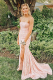 Pink Mermaid Prom Dress Strapless Slit Lace Long Evening Dress