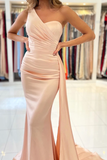 Pink Mermaid Satin One Shoulder Ruched Shawl Trumpet Prom Dresses Sexy Formal Dresses Rjerdress