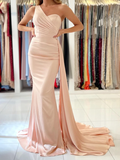 Pink Mermaid Satin One Shoulder Ruched Shawl Trumpet Prom Dresses Sexy Formal Dresses
