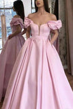Pink Puffy Sleeves Satin Prom Dresses A Line Long Evening Dresses With Pockets