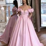 Pink Puffy Sleeves Satin Prom Dresses A Line Long Evening Dresses With Pockets Rjerdress